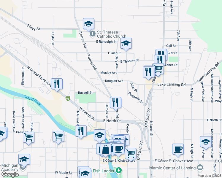 map of restaurants, bars, coffee shops, grocery stores, and more near 1900 Turner Road in Lansing
