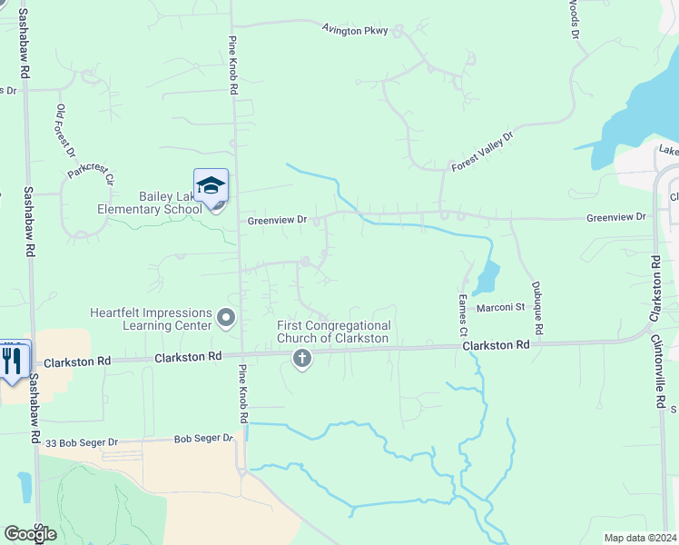 map of restaurants, bars, coffee shops, grocery stores, and more near 5418 Boyne Highland Trail in Clarkston