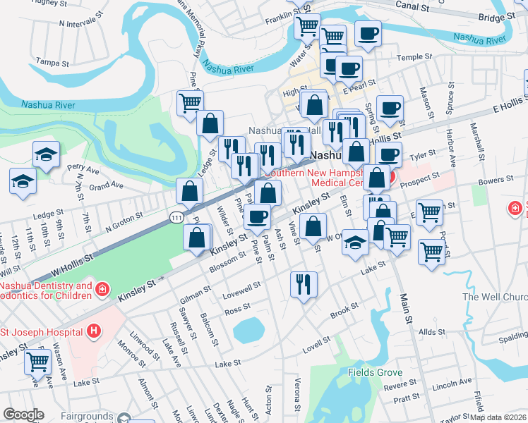 map of restaurants, bars, coffee shops, grocery stores, and more near in Nashua