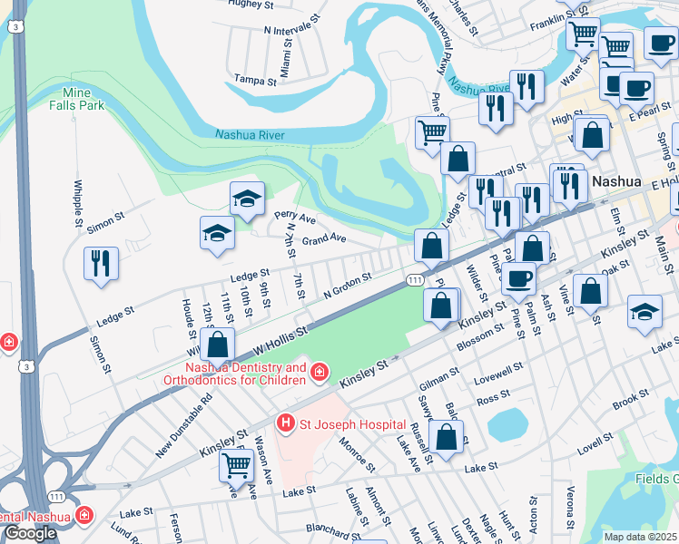 map of restaurants, bars, coffee shops, grocery stores, and more near 15 4th Street in Nashua
