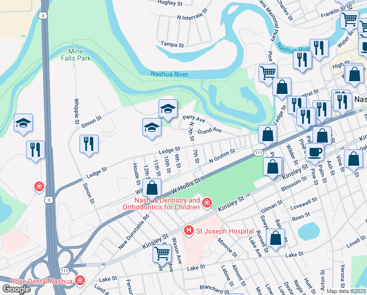 map of restaurants, bars, coffee shops, grocery stores, and more near 139 Ledge Street in Nashua