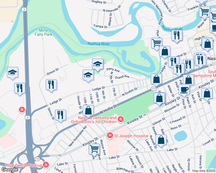 map of restaurants, bars, coffee shops, grocery stores, and more near Ledge Street in Nashua