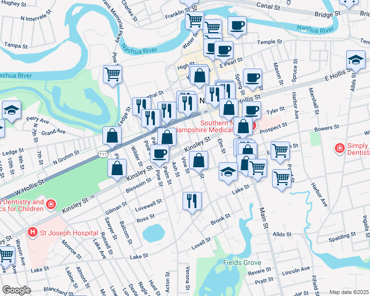 map of restaurants, bars, coffee shops, grocery stores, and more near 88 Vine Street in Nashua