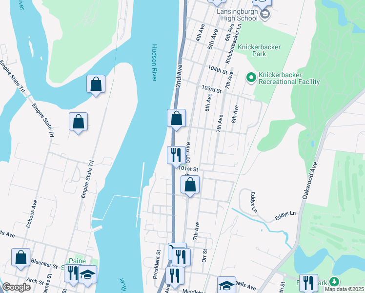 map of restaurants, bars, coffee shops, grocery stores, and more near 55 5th Avenue in Troy