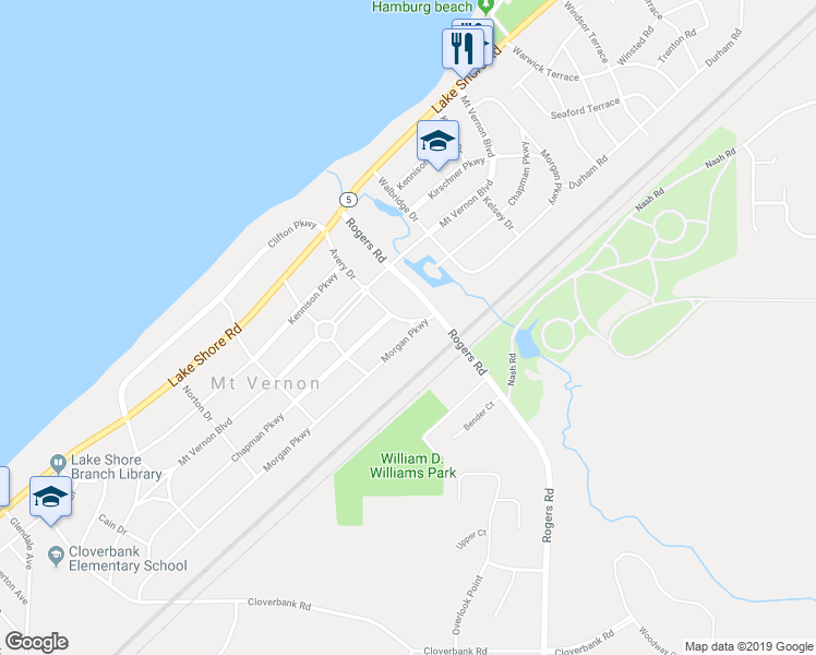 map of restaurants, bars, coffee shops, grocery stores, and more near 4832 Morgan Parkway in Hamburg