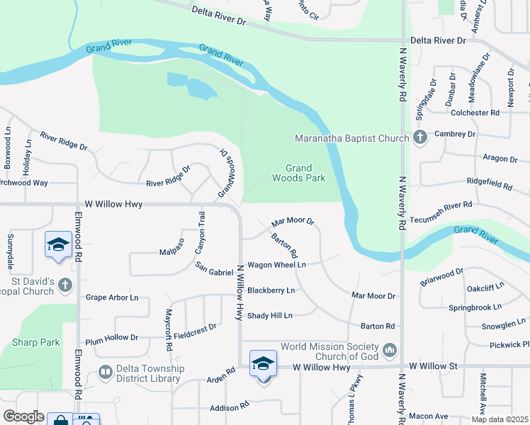 map of restaurants, bars, coffee shops, grocery stores, and more near 4360 Barton Road in Lansing