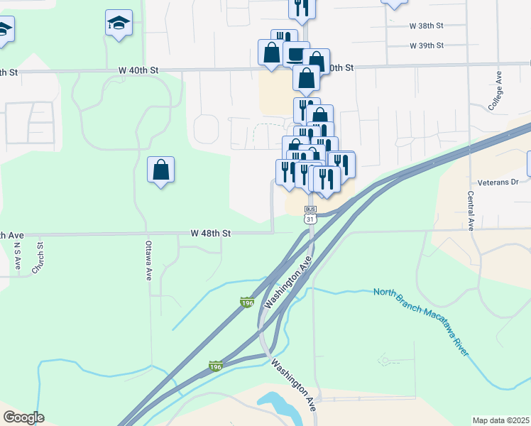 map of restaurants, bars, coffee shops, grocery stores, and more near 1180 Matt Urban Drive in Holland