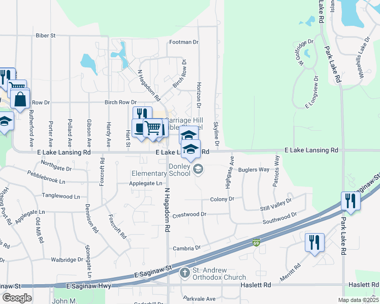 map of restaurants, bars, coffee shops, grocery stores, and more near 2961 East Lake Lansing Road in East Lansing