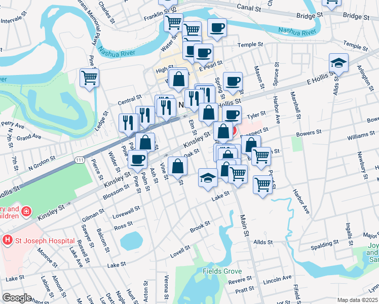 map of restaurants, bars, coffee shops, grocery stores, and more near 117 Walnut Street in Nashua
