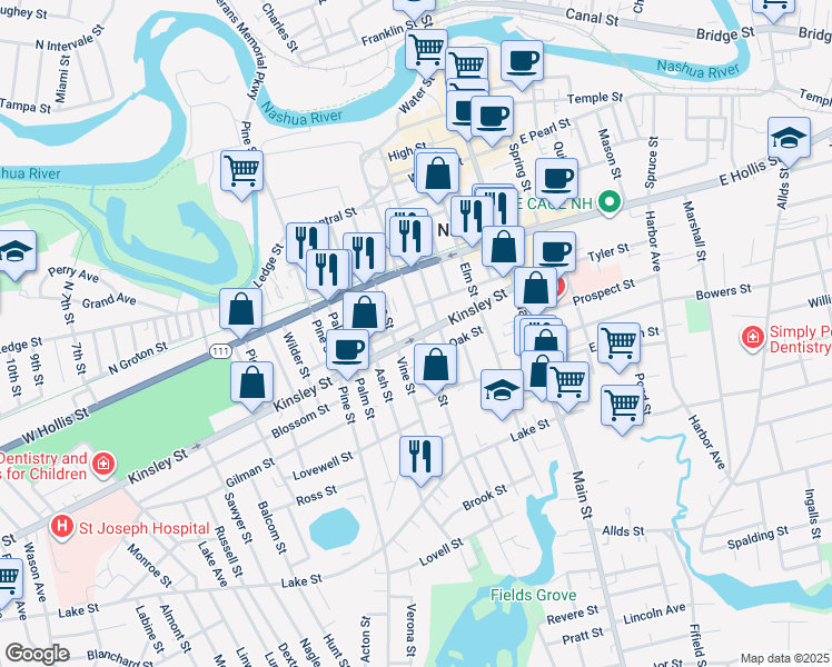 map of restaurants, bars, coffee shops, grocery stores, and more near 88 Vine Street in Nashua