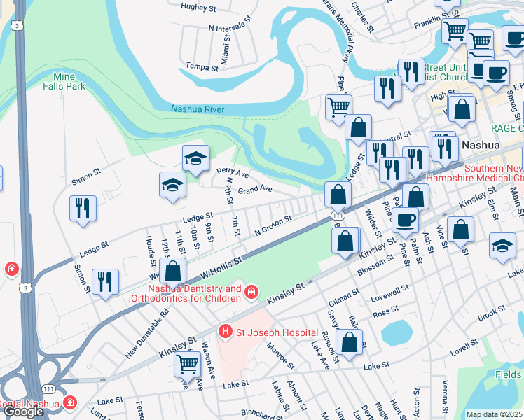 map of restaurants, bars, coffee shops, grocery stores, and more near 15 4th Street in Nashua