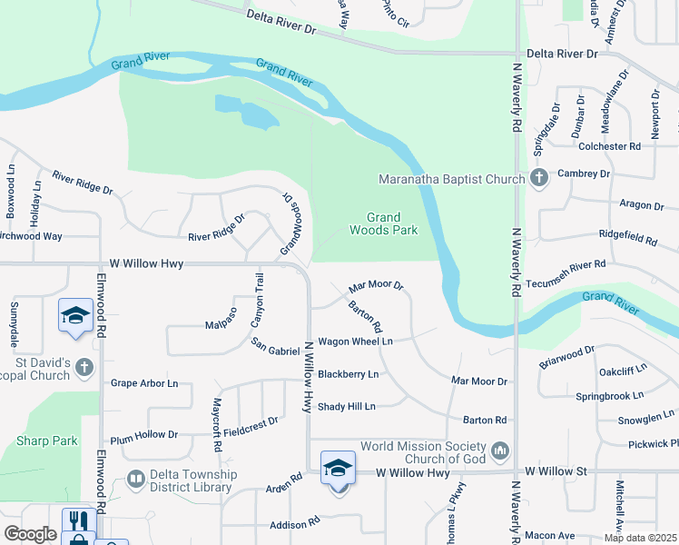 map of restaurants, bars, coffee shops, grocery stores, and more near 4360 Barton Road in Lansing