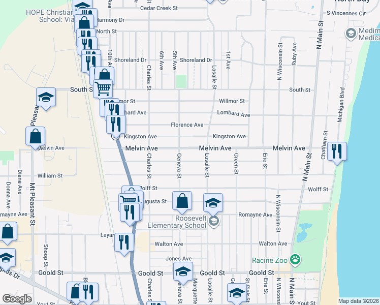 map of restaurants, bars, coffee shops, grocery stores, and more near 1107 Isabelle Avenue in Racine