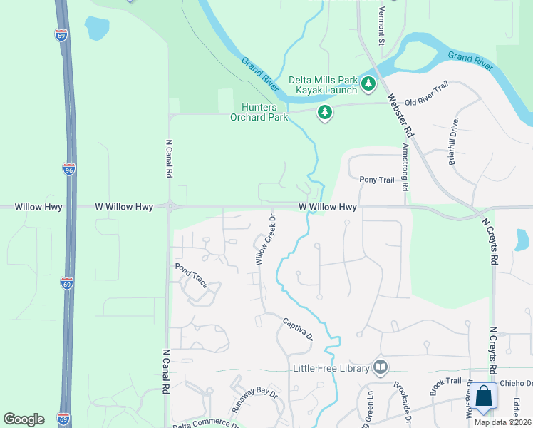 map of restaurants, bars, coffee shops, grocery stores, and more near 1749 Bushwood Lane in Lansing