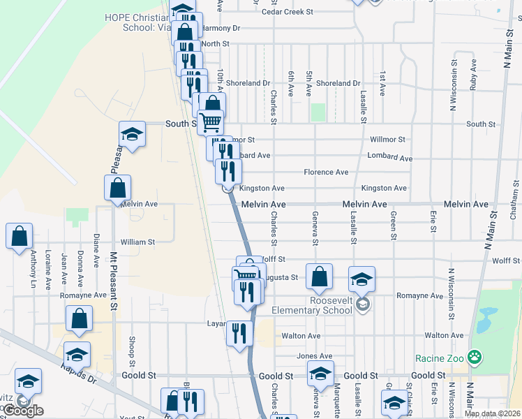 map of restaurants, bars, coffee shops, grocery stores, and more near 1427 Isabelle Avenue in Racine