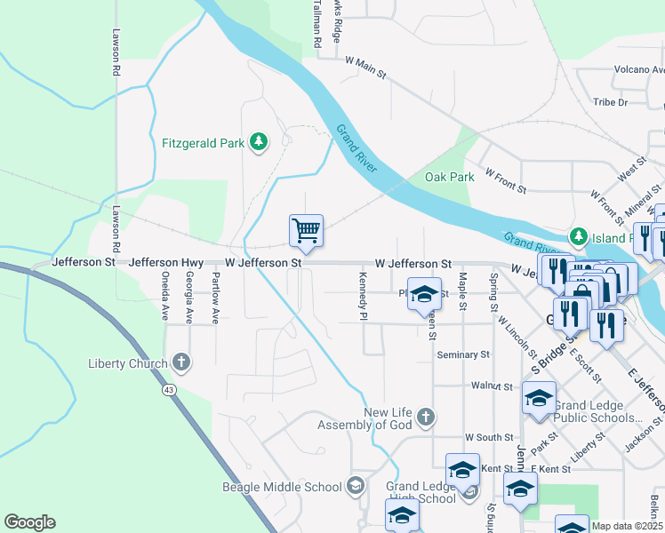 map of restaurants, bars, coffee shops, grocery stores, and more near 848 West Jefferson Street in Grand Ledge