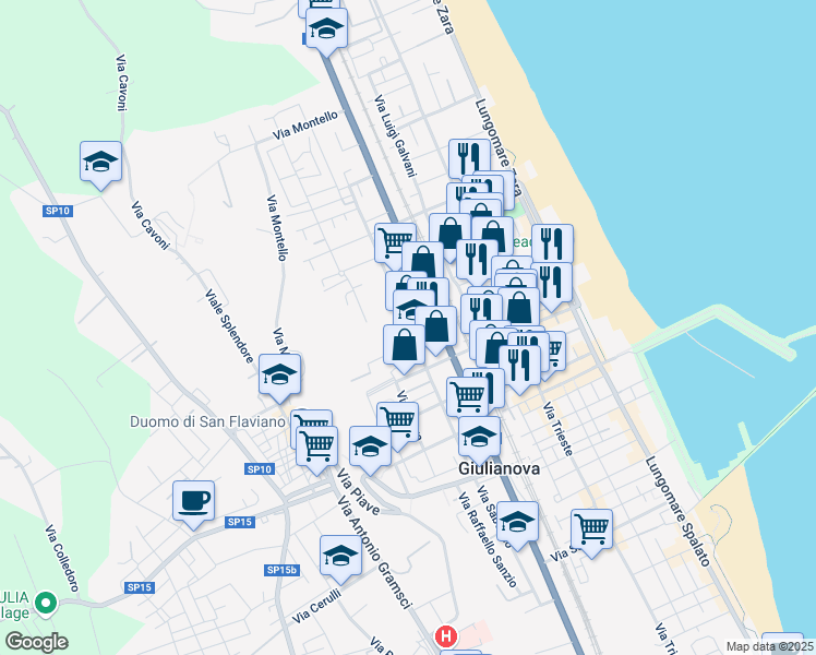 map of restaurants, bars, coffee shops, grocery stores, and more near 36 Via I. Nievo in Giulianova