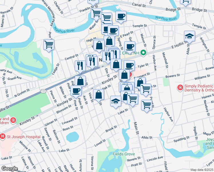 map of restaurants, bars, coffee shops, grocery stores, and more near 3 Oak Street in Nashua