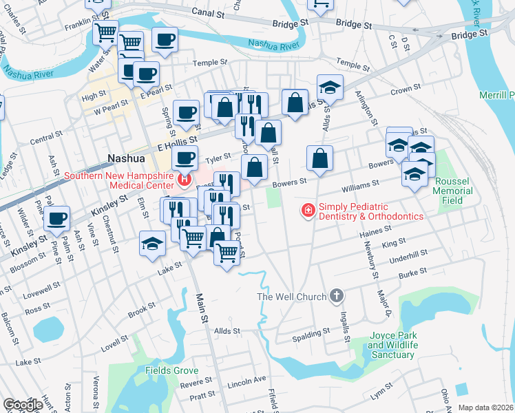 map of restaurants, bars, coffee shops, grocery stores, and more near 55 Bowers Street in Nashua