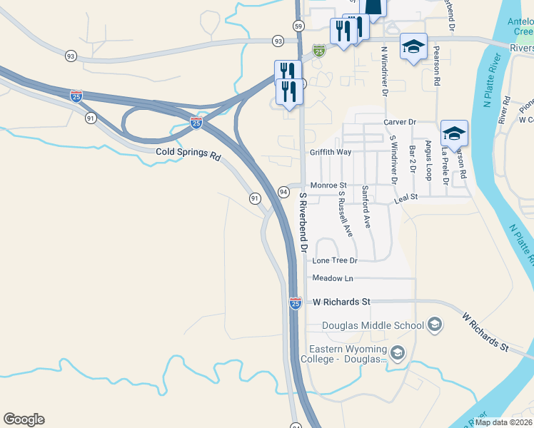 map of restaurants, bars, coffee shops, grocery stores, and more near Wyoming 91 in Douglas