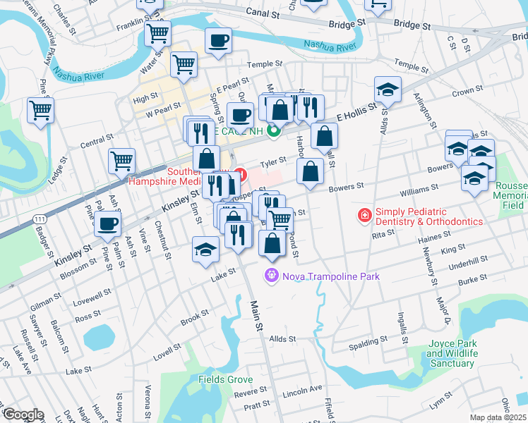 map of restaurants, bars, coffee shops, grocery stores, and more near 35 Bowers Street in Nashua