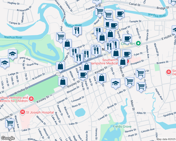 map of restaurants, bars, coffee shops, grocery stores, and more near in Nashua