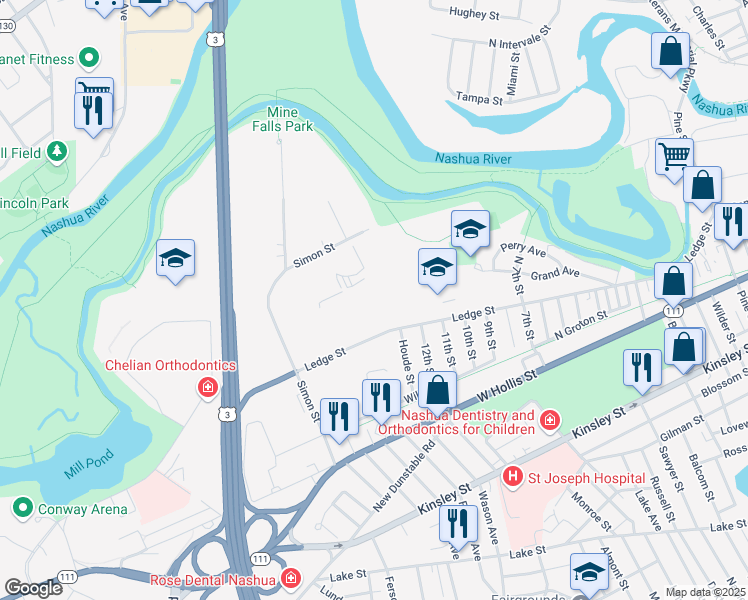 map of restaurants, bars, coffee shops, grocery stores, and more near 143 Ledge Street in Nashua