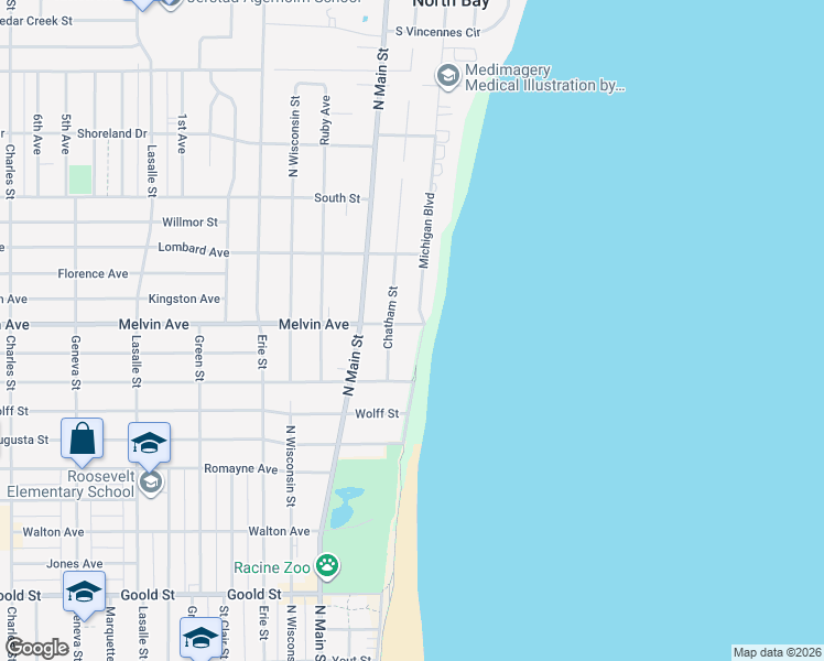 map of restaurants, bars, coffee shops, grocery stores, and more near 3012 Michigan Boulevard in Racine