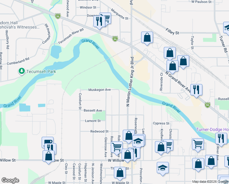 map of restaurants, bars, coffee shops, grocery stores, and more near 1221 Muskegon Avenue in Lansing