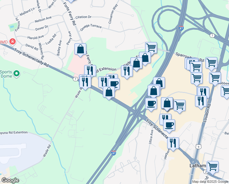 map of restaurants, bars, coffee shops, grocery stores, and more near 675 Troy Schenectady Road in Latham
