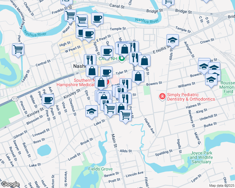 map of restaurants, bars, coffee shops, grocery stores, and more near 35 Bowers Street in Nashua