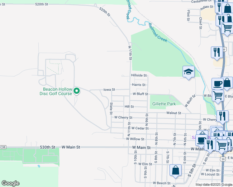 map of restaurants, bars, coffee shops, grocery stores, and more near 1118 Iowa Street in Cherokee