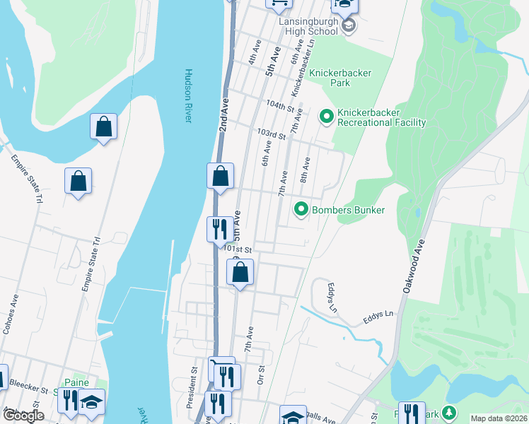 map of restaurants, bars, coffee shops, grocery stores, and more near 101 6th Avenue in Troy