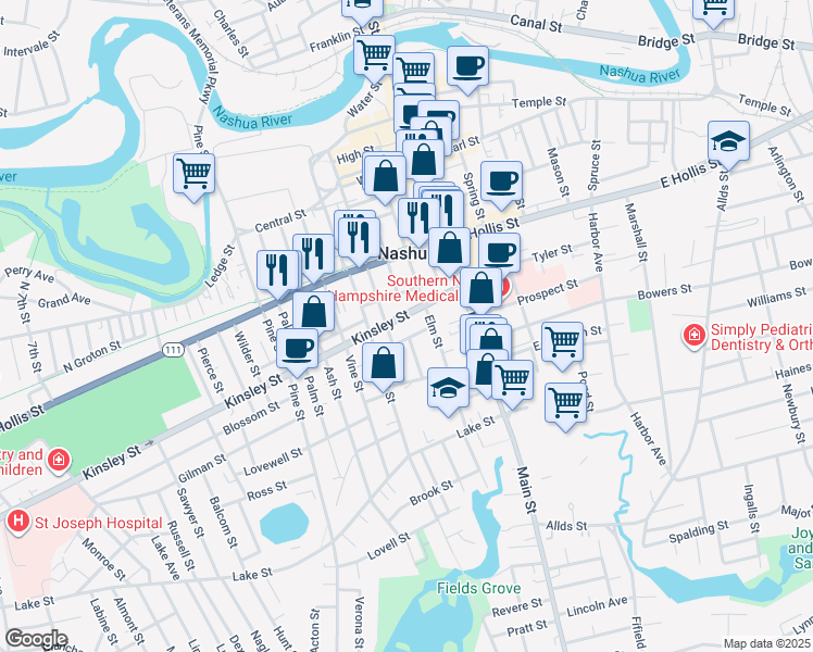 map of restaurants, bars, coffee shops, grocery stores, and more near in Nashua