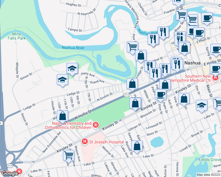 map of restaurants, bars, coffee shops, grocery stores, and more near 3 North 2nd Street in Nashua
