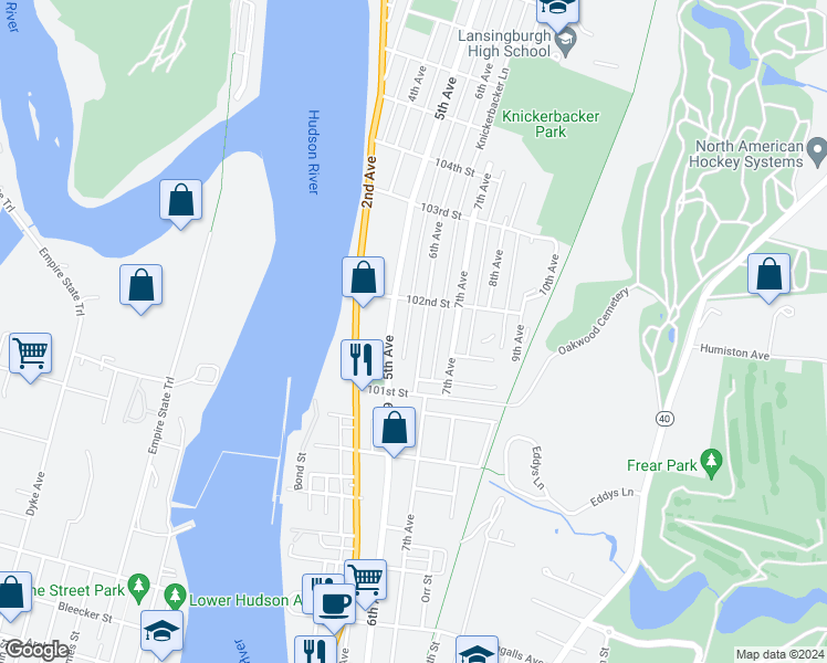 map of restaurants, bars, coffee shops, grocery stores, and more near 101 6th Avenue in Troy