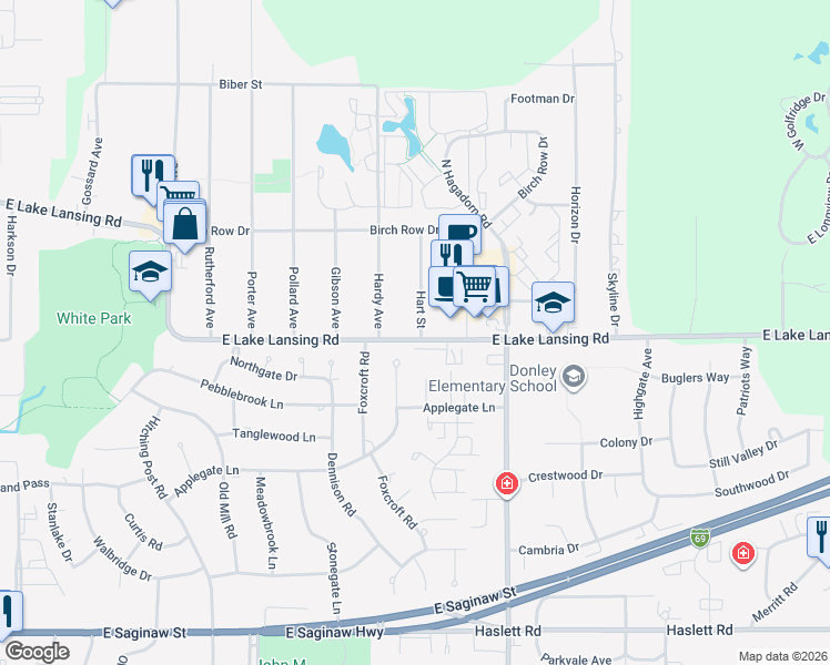 map of restaurants, bars, coffee shops, grocery stores, and more near 6034 Hardy Avenue in East Lansing