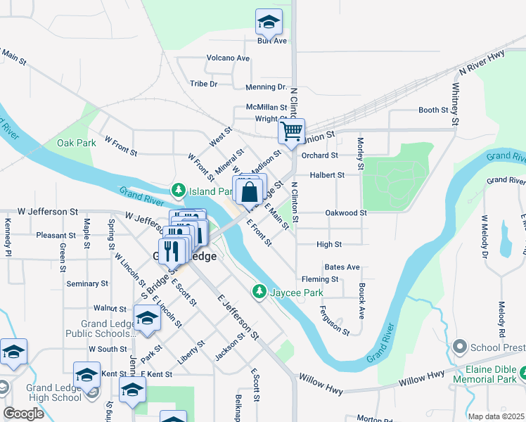 map of restaurants, bars, coffee shops, grocery stores, and more near 312 North Bridge Street in Grand Ledge