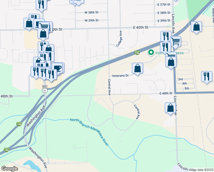 map of restaurants, bars, coffee shops, grocery stores, and more near 1200 Central Avenue in Holland