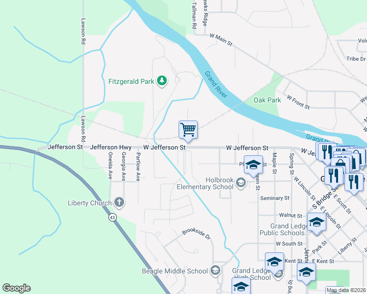 map of restaurants, bars, coffee shops, grocery stores, and more near 908 West Jefferson Street in Grand Ledge