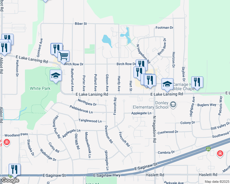 map of restaurants, bars, coffee shops, grocery stores, and more near 3108 East Lake Lansing Road in East Lansing