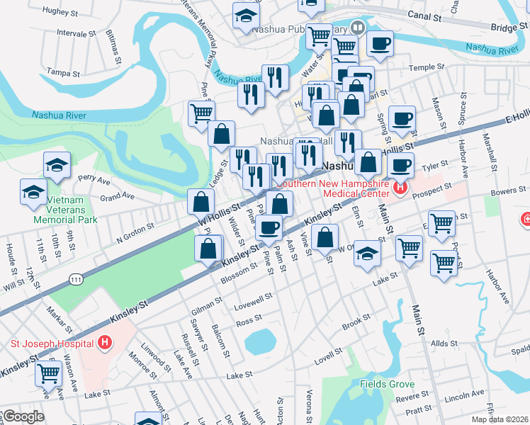 map of restaurants, bars, coffee shops, grocery stores, and more near 64 Palm Street in Nashua