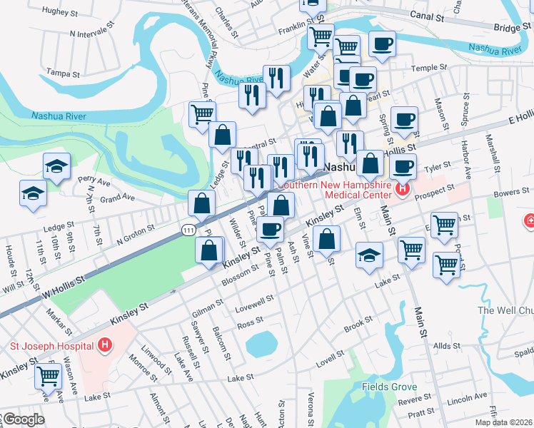map of restaurants, bars, coffee shops, grocery stores, and more near 72 Palm Street in Nashua