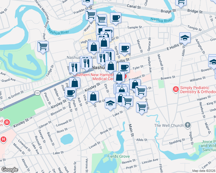 map of restaurants, bars, coffee shops, grocery stores, and more near 6 1/2 Kinsley Street in Nashua