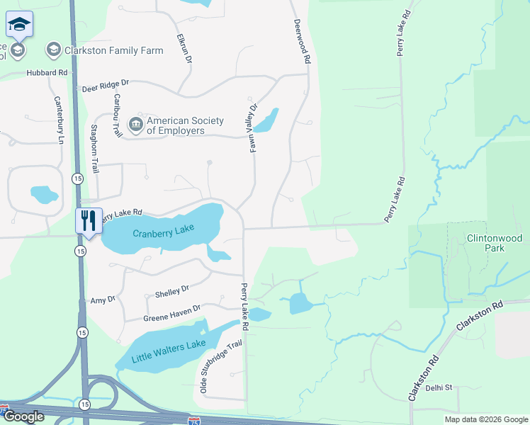 map of restaurants, bars, coffee shops, grocery stores, and more near 8038 Fawn Valley Drive in Clarkston
