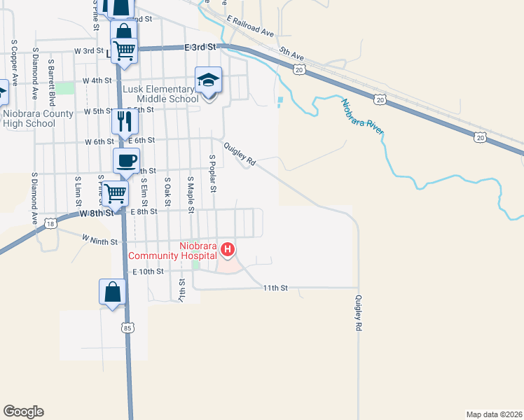 map of restaurants, bars, coffee shops, grocery stores, and more near Niobrara Ave in Lusk