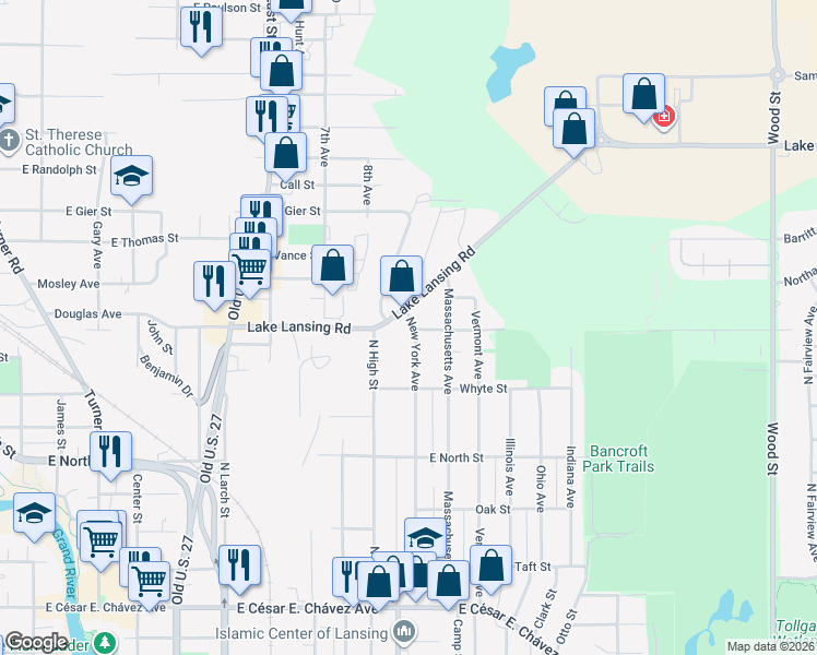 map of restaurants, bars, coffee shops, grocery stores, and more near 1110 Lake Lansing Road in Lansing