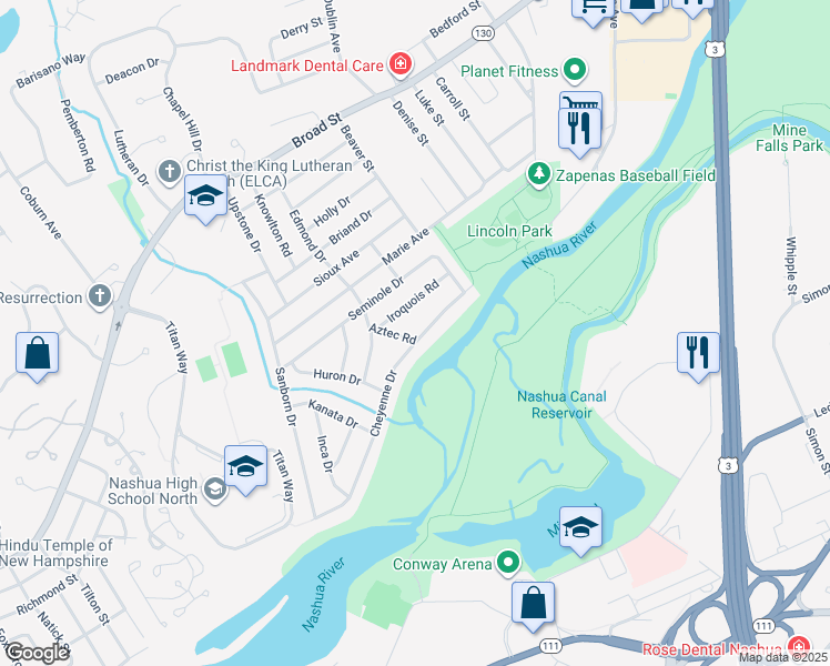 map of restaurants, bars, coffee shops, grocery stores, and more near 10 Iroquois Road in Nashua