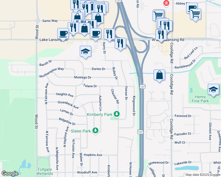 map of restaurants, bars, coffee shops, grocery stores, and more near 2807 Tulane Drive in Lansing