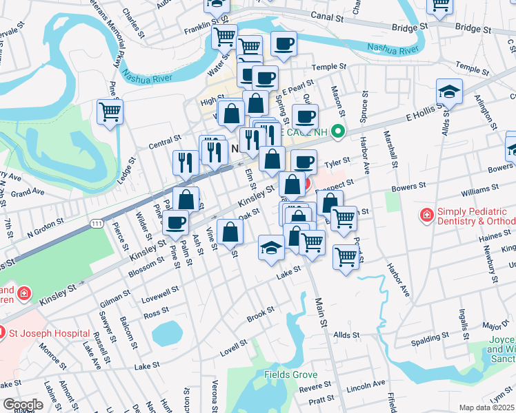 map of restaurants, bars, coffee shops, grocery stores, and more near 6 1/2 Kinsley Street in Nashua